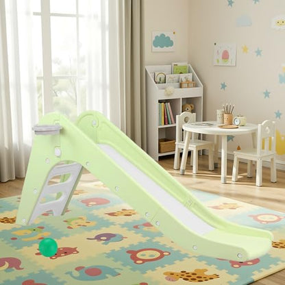 Toddler Indoor Slide, Foldable Baby Climber Playset with Basketball & Hoop | 63 in Extra Long Slope, Non-Slip Steps, Sturdy Plastic, Outdoor Playground for Backyard, Home & Playroom Use, Light Green - color: Light Green