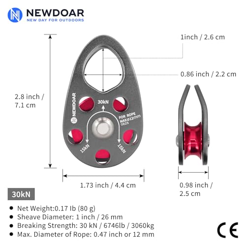 NewDoar Micro Mobile Pulley 30KN/6746lb Mobile Single Pulley Cheek Shaped for Max Rope 12mm Rope for Climbing, Rescue Lifting,Hitch Tending (Grey-One Unit) - color: Grey-One Unit