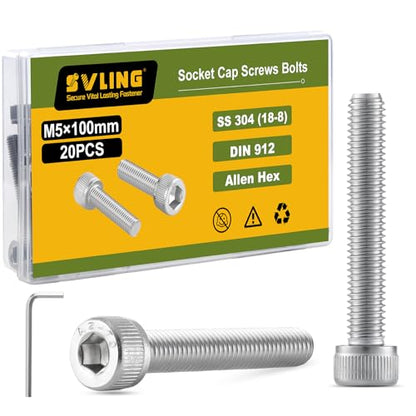 M5-0.8 x 100mm Bolt, 20PCS M5 Hex Socket Head Cap Screws Bolts, 304 Stainless Steel 18-8, Full Threads, with Hex Spanner - size: M5x100mm