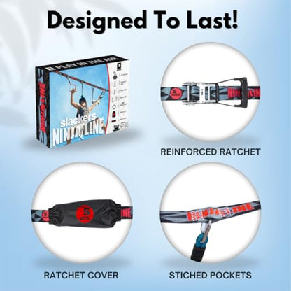 Slackers Ninjaline - 36' Intro Kit - Includes 7 Hanging Attachments - Best Outdoor Ninja Warrior Training Equipment For Kids - Build Your Very Own Backyard Obstacle Course - Rated Ages 5+