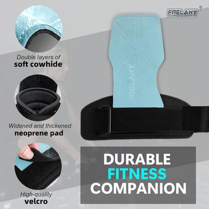 Frelaxy Lifting Wrist Straps for Women and Men, Weight Lifting Grips | Double-layer leather, Cushioned wrist support, Durable construction, Storage pouch, Deadlifts, rows, lat pulldowns - color: Lake Blue