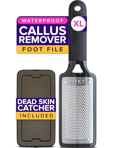 NYK1 RUSTPROOF Foot File Callus Remover for Feet with Catcher | XL Size | MegaFile Hard Skin Remover Foot Scraper for Wet and Dry Use - Non-Slip Textured Grip for Smooth, Soft & Callus-Free Feet
