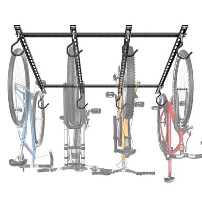 TORACK Ceiling Bike Rack for Garage, Ceiling-Mounted Bicycle Storage Hooks for 4 Bikes (Horizontal) or 8 Bikes (Vertical), Adjustable Overhead Bicycle Hooks for Mountain, Road, and Kids' Bike - style: 4 bikes horizontal