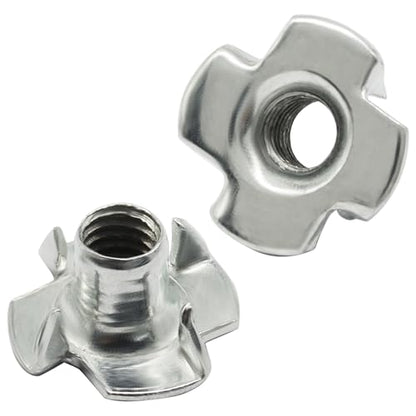 1/4"-20 T-Nuts, 100 Pack, 4 Pronged, Zinc-Plated Steel | 5/16" Barrel, Threaded Insert, For Wood, Rock Climbing Holds, Cabinetry, Furniture