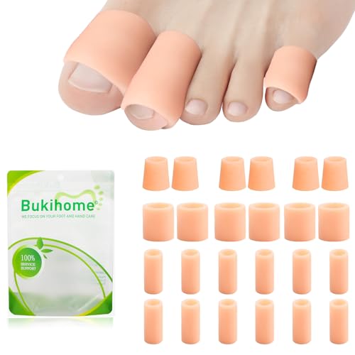 Bukihome Toe Protectors, Toe Tube Pads for Pain Relief with 24 Pack | Silicone Gel Toe Sleeves for Hammer Toes, Corns, Calluses, Blisters, Multi-Size(Beige) - color: Beige, size: Multi-Size（24 Counts）