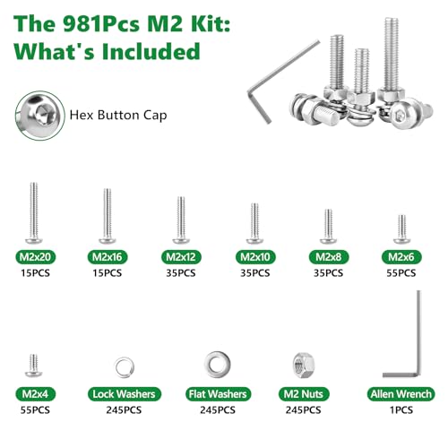 981 Pcs M2 Hex Button Cap Screws Nuts Washers Wrench Kit, 304 SS | with Flat & Spring Washers, Metric Fasteners for RC Cars & Electronics, M2 x 4/6/8/10/12/16/20mm,Clear Label Storage Box - size: SS M2 981pcs 2