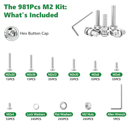 981 Pcs M2 Hex Button Cap Screws Nuts Washers Wrench Kit, 304 SS | with Flat & Spring Washers, Metric Fasteners for RC Cars & Electronics, M2 x 4/6/8/10/12/16/20mm,Clear Label Storage Box - size: SS M2 981pcs 2