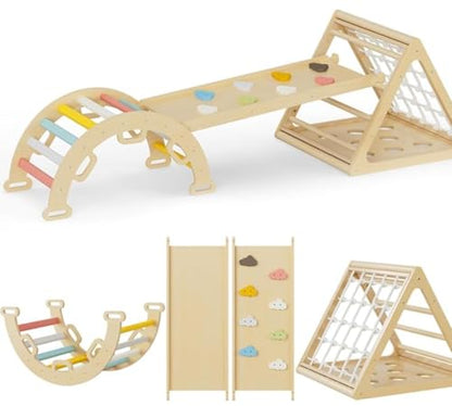 Pikler Triangle Set with Cushion, Arch and Slide, Toddler Climbing Toys Indoor Playground, Montessori Climbing Set, Indoor Jungle Gym, Wooden Pickler-3 Piece Climbing Gym for Kids 1.5-6yr
