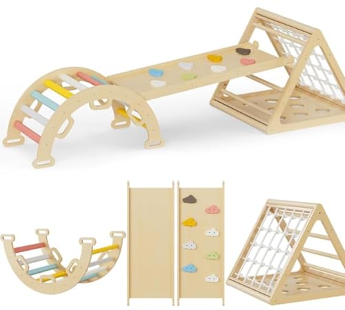 Pikler Triangle Set with Cushion, Arch and Slide, Toddler Climbing Toys Indoor Playground, Montessori Climbing Set, Indoor Jungle Gym, Wooden Pickler-3 Piece Climbing Gym for Kids 1.5-6yr
