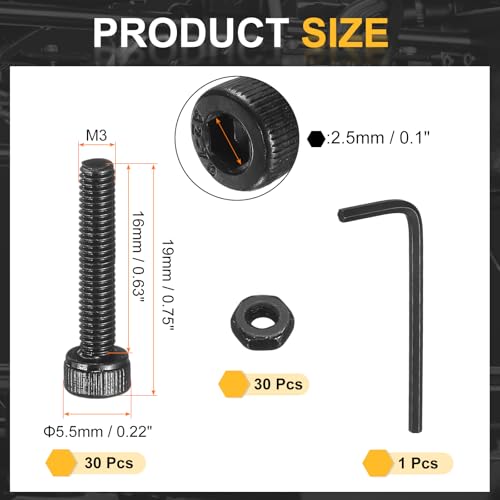 uxcell 30Pcs Hex Socket Head Cap Screws Bolts with Nuts, M3x16mm 304 Stainless Steel Socket Drive Machine Screws Bolts with Hex Wrench, Full Threaded, Black - size: M3x16mm