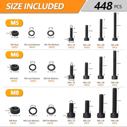 448 Pcs Black M5 M6 M8 Metric Screw Assortment, Black Bolts and Nuts Kit, 12.9 Grade Alloy Steel Metric Hex Socket Head Cap Screws Nuts Washers Kit - style: Hex Socket Head Cap - Kits