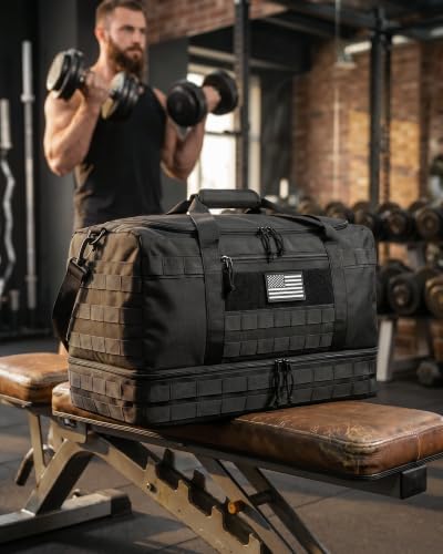 HOTOR Tactical Travel Duffel Bags for Men & Women with MOLLE Toiletry Pouch | 45L, Overnight, Weekender, Gym, Camping, Shoe Compartment, Carry-On Friendly, Versatile, Black, 22.0" x 12.6" x 9.0"