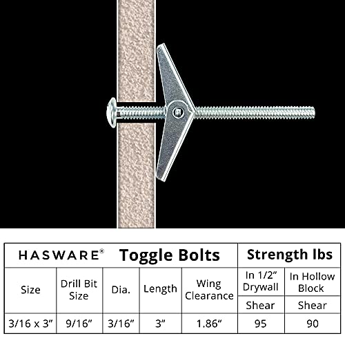 HASWARE Toggle Bolt Zinc Plated Steel and Wing Nut for Hanging Heavy Items on Drywall 3/16x3 (12 Pack) - size: 3/16x3" (12 Pack)