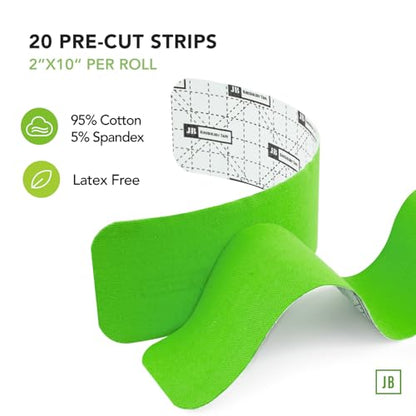 JB Tape Kinesiology Tape, 80 Precut Strips, Green, Latex‑Free, 4 Rolls | 80 Precut Strips, 10-Inch Strips, 4 Rolls - color: Kelly Green
