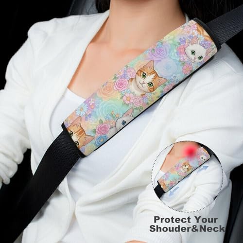 2 Pack Floral Pink Cat Car Seat Belt Pad Universal Soft and Comfortable Harness Pads Strap for Adult Use, Most Cars, Easy Install (No Tool) - color: Pattern 760