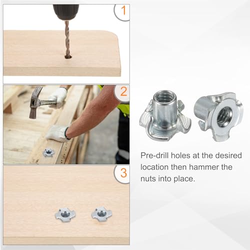 HARFINGTON 1/4x12mm T-Nuts 4 Pronged Tee Nut 0.69" x 0.47" Fully Thread Carbon Steel Inserts for Wood, Rock Climbing Holds, Cabinetry, Furniture 50pcs - size: 1/4" x 0.47" x 0.69" x 0.47"