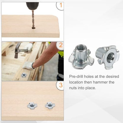 HARFINGTON 1/4x12mm T-Nuts 4 Pronged Tee Nut 0.69" x 0.47" Fully Thread Carbon Steel Inserts for Wood, Rock Climbing Holds, Cabinetry, Furniture 50pcs - size: 1/4" x 0.47" x 0.69" x 0.47"