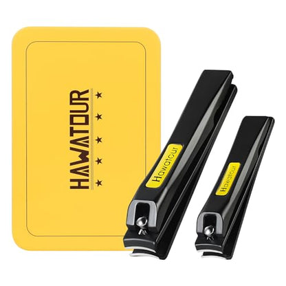 HAWATOUR Nail Clippers Set, Curved Stainless Steel Blade, Black | Professional Fingernail & Toenail Clippers, Compact Tin Case
