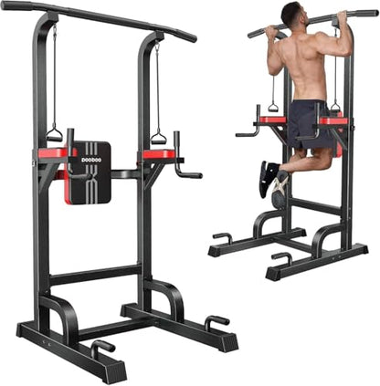 Pooboo Power Tower Dip Station Pull Up Bar for Fitness Home Gym Workout,450 Pounds Multi-Function Adjustable Height Fitness Strength Training Exercise Equipment,with Power Elastic Ropes - color: Black Red-03