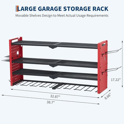 TrailBlaze Wall Mount Power Tool Organizer, 4-Layer Heavy Duty Metal Tool Storage Rack with 8 Drill Slots & Hooks, 400lbs Capacity, Garage Drill Holder for Workbench, Hanging Board Style