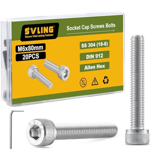 M6-1.0 x 80mm Bolt, 20PCS M6 Hex Socket Head Cap Screws Bolts, 304 Stainless Steel 18-8, Full Threads, Allen Socket Drive, with Hex Spanner - size: M6x80mm