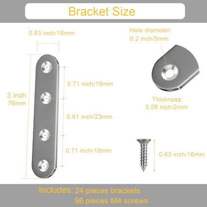 24 Pack Straight Brace Brackets 3 Inch Stainless Steel Flat Mending Plates, Heavy Duty Repair Fixing Joining Brackets for Wood Furniture with Screws, Silver, CAM-S8016-24 - size: 3 inches (24 Pieces)