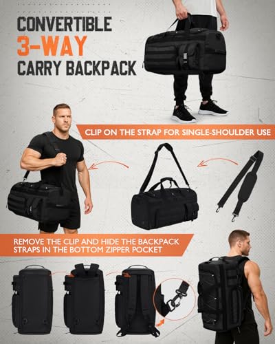 Gonex 45L Tactical Duffel Bag, 3-in-1 Gym & Travel Bag | Shoe compartment, Tactical gear loops, Water-repellent lining, 5 zip pockets, Weekend travel - color: Black, size: 45L