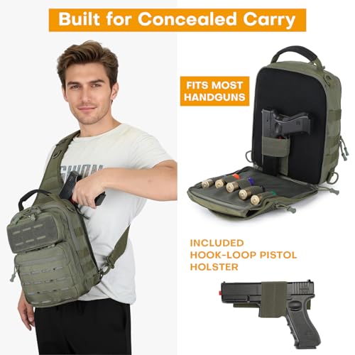 HUNTVP Sling Bag for Men Concealed Carry Bag Tactical Sling Bag Crossbody Molle CCW Chest Pack Backpack EDC Military Shoulder Bag with Holster & Accessory Slots, Army Green - color: Army Green