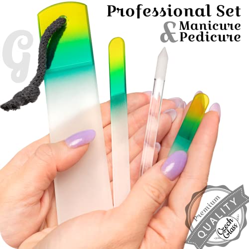 GLADZY Genuine Czech Glass Nail File Set - Callus Remover Foot Rasp, Cuticle Pusher Manicure Stick, Double Sided Etched Different Grit Surface, Professional Nail Care Tool, Made in EU - color: All-in-one Set - Lemon Green