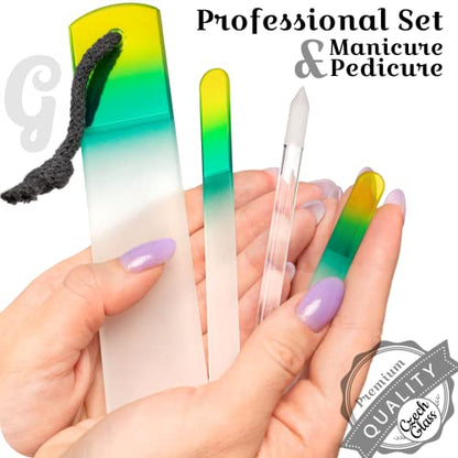 GLADZY Genuine Czech Glass Nail File Set - Callus Remover Foot Rasp, Cuticle Pusher Manicure Stick, Double Sided Etched Different Grit Surface, Professional Nail Care Tool, Made in EU - color: All-in-one Set - Lemon Green