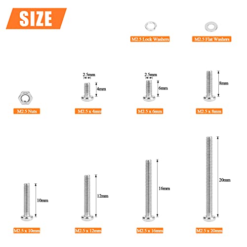 HELIFOUNER 560 Pieces M2.5 x 4mm /6mm /8mm /10mm /12mm /16mm /20mm, Phillips Pan Head Machine Screws, Metric Screws Bolts Washers Nuts Kit, 304 Stainless Steel - size: M2.5, style: Phillips Pan Head