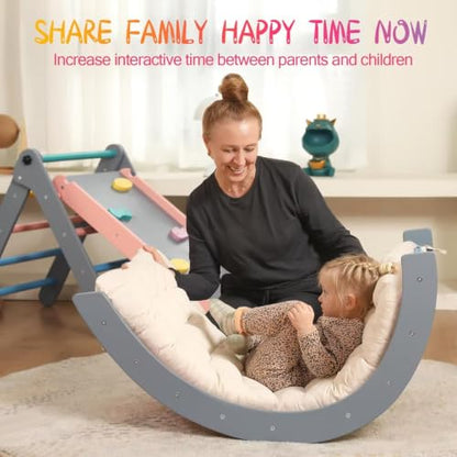 Pikler Triangle Set with Cushion, 7 in 1 Toddler Climbing Toys Indoor | Foldable Space-saving Design, Montessori-inspired Learning, Reversible Slide & Ramp, ASTM F963 Standards for Toddlers 18M-5Y - color: Rainbow With Blue