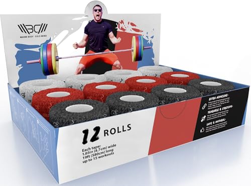 WARM BODY COLD MIND 1.85" Weightlifting Thumb Tape - Hook Grip Tape for Powerlifting, Cross Training, Gym Tape, Workout, Weight Lifting Tape, Athletic Finger Wrap (Mix V1 12 Rolls) - color: 12 Rolls Mix V1