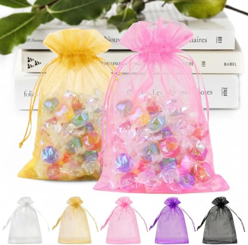 ANZNKU 50 PCS Organza Bags 5 x 7, Colorful Small Mesh Gift Bag Drawstring | 5Colors, Sheer Goodie Sachet Pouches for Wedding Party Favors Baby Bridal Shower & Halloween, Use for Candy Jewelry Treats - color: 5 Colors