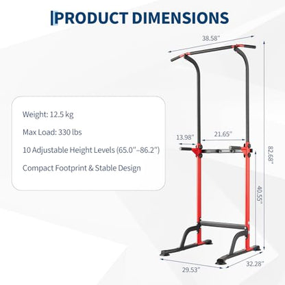 Power Tower Home Gym Strength Training Station Adjustable 10 Height Levels, Heavy-Duty Chin-Up Tower with Parallel Dip Handles, Bodyweight Workout Equipment for Pull-Ups, Dips, Knee Raises, Push-Ups, 330 Lb Capacity - color: Red
