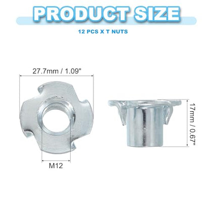 PATIKIL M12 T-Nuts, 12 Pcs Zinc Plated Steel 4-Pronged Tee Blind Nut 17 mm Length Four-jaw t Nuts Threaded Inserts Hardware for Wood Furniture Cabinetry Rock Climbing Holds - size: 17 mm