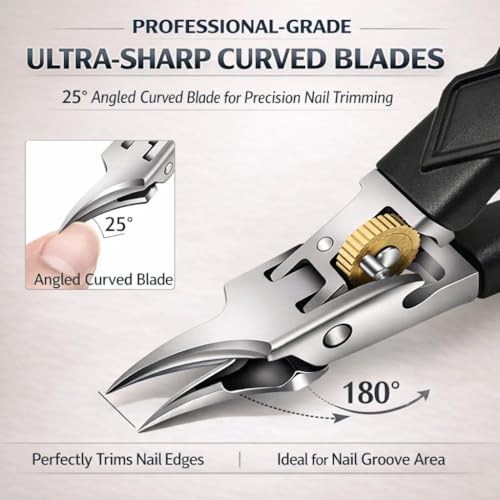 Pro Nail Clipper Set with Gear Lock Black Non Slip Handle Wide Jaw 180 Degree for Thick Nails Ingrown Toenail Clipper Ultra Sharp Stainless Steel Ergonomic Grip Safety Lock Travel Case