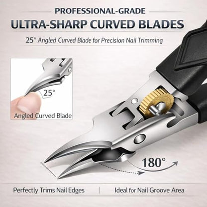 Pro Nail Clipper Set with Gear Lock Black Non Slip Handle Wide Jaw 180 Degree for Thick Nails Ingrown Toenail Clipper Ultra Sharp Stainless Steel Ergonomic Grip Safety Lock Travel Case