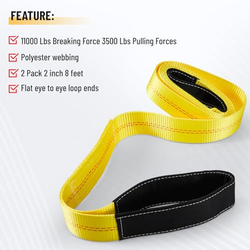 Pindex 2 Pack 2" x 8' Web Lifting Sling 11000 Lbs Breaking Force 3500 Lbs Pulling Forces Lift Sling Straps for Rocks Trees Mowers Tool Boxes in Trailers Tractors Trucks, Yellow - size: 2 inch x 8 feet