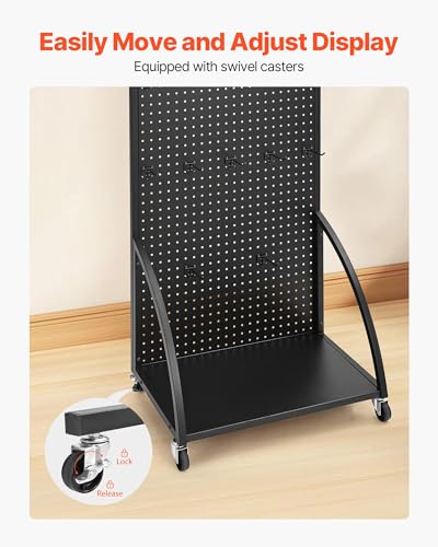 VEVOR Standing Pegboard Display with Base Plate, 23.7 x 66 in Pegboard Display Stand with Casters and 30 Hooks, Thickened Cold-Rolled Steel Peg Board Panel for Retail Store and Jewelry Shop, Black - style: Storage Style