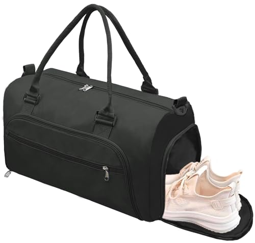 woogwin Small Gym Bag for Men & Women with Shoes & Wet Compartment Waterproof Duffle Bag for Travel Sports Workout Overnight Weekender(17.7'',Black) - color: Black, size: 17.7*11*9.5"