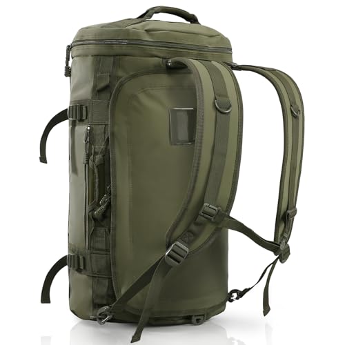 Haimont Heavy Duty Convertible Travel Duffel Backpack, Army Green, 45L | Shoe Compartment, Water-Resistant Tarpaulin, Wide U-Shaped Opening - color: Green, size: 45L