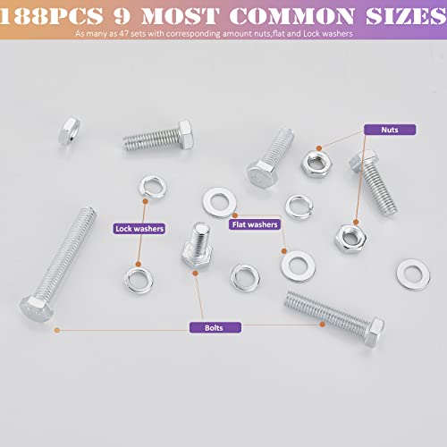 ZTF 188PCS M6 M8 M10 Hardware Nuts and Bolts Assortment Kit, Heavy Duty Metric Machine Screws Nuts Washers, 9 Most Common Sizes Zinc Alloy Steel Grade 8.8 (M6 M8 M10 Kit) - style: silver-M6 M8 M10 Hex Bolts