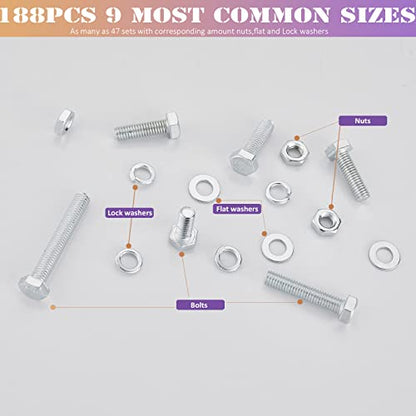 ZTF 188PCS M6 M8 M10 Hardware Nuts and Bolts Assortment Kit, Heavy Duty Metric Machine Screws Nuts Washers, 9 Most Common Sizes Zinc Alloy Steel Grade 8.8 (M6 M8 M10 Kit) - style: silver-M6 M8 M10 Hex Bolts