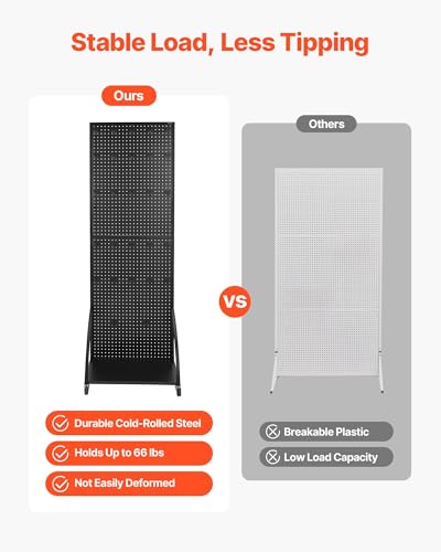 VEVOR Standing Pegboard Display with Base Plate, 23.7 x 66 in Pegboard Display Stand with Casters and 30 Hooks, Thickened Cold-Rolled Steel Peg Board Panel for Retail Store and Jewelry Shop, Black - style: Storage Style