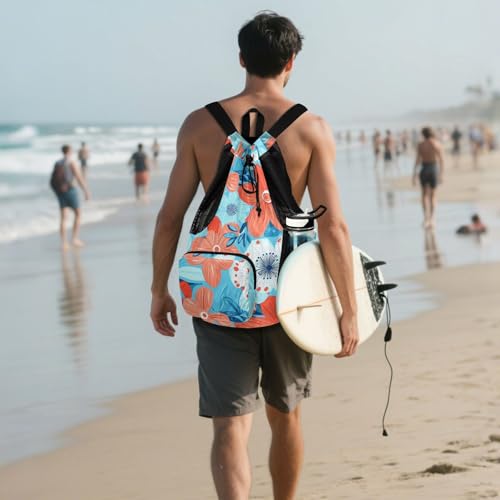 Flowers Turquoise and Coral Draw String Back Bag Climbing Gym Bag With Water Bottle Holder Waterproof