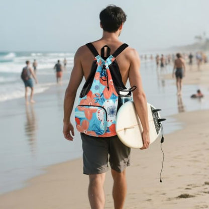 Flowers Turquoise and Coral Draw String Back Bag Climbing Gym Bag With Water Bottle Holder Waterproof
