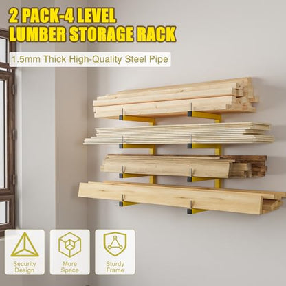 2-Pack Lumber Storage Rack, Wood Storage Racks Wall Mount, Heavy Duty Garage Wood Organizer with 4-Level System, Yellow Utility Rack Organization Up 800 Lbs, Metal Lumber Shelf for Indoor and Outdoor - style: D– 2 Pack, 4-Tier