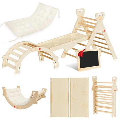 Pikler Triangle Set with Cushion, Wooden Toddler Climbing Toys Indoor | 8-in-1 Montessori jungle gym, foldable pikler triangle and wooden arch, birch plywood & beech round pole - color: Wood