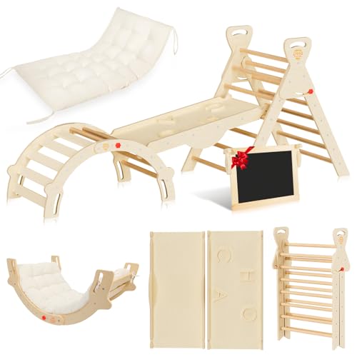 Pikler Triangle Set with Cushion, Wooden Toddler Climbing Toys Indoor | 8-in-1 Montessori jungle gym, foldable pikler triangle and wooden arch, birch plywood & beech round pole - color: Wood